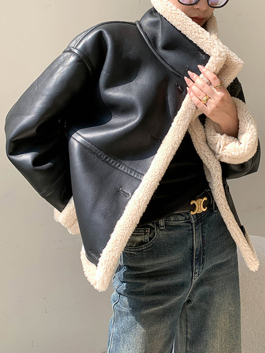 Trendy Dames Leren Jas met Fleece Voering en Knopen