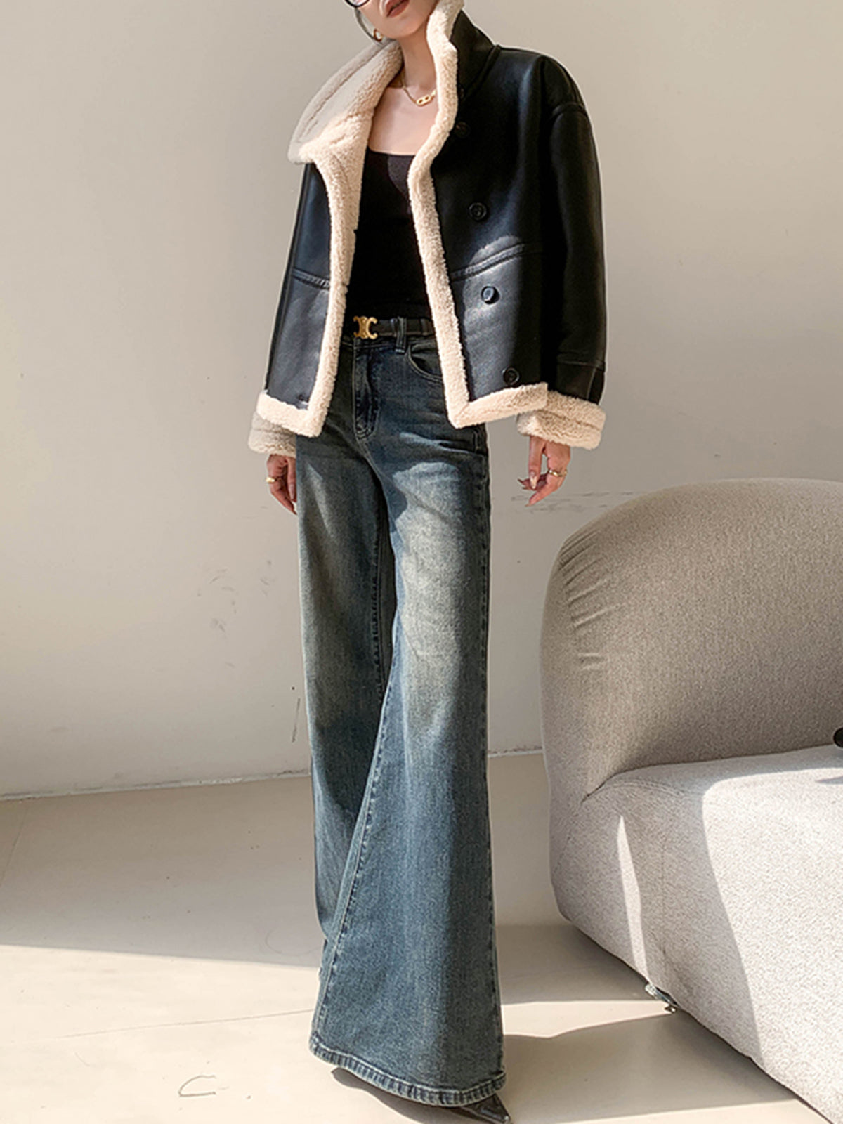 Trendy Dames Leren Jas met Fleece Voering en Knopen