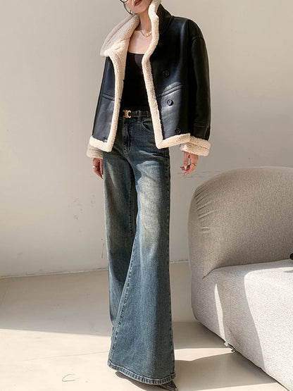 Trendy Dames Leren Jas met Fleece Voering en Knopen