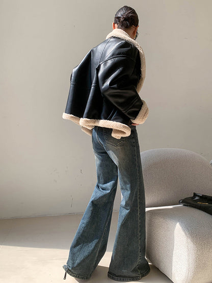 Trendy Dames Leren Jas met Fleece Voering en Knopen