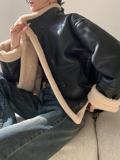 Trendy Dames Leren Jas met Fleece Voering en Knopen