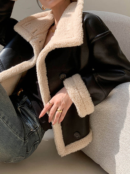 Trendy Dames Leren Jas met Fleece Voering en Knopen