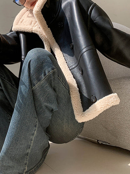 Trendy Dames Leren Jas met Fleece Voering en Knopen