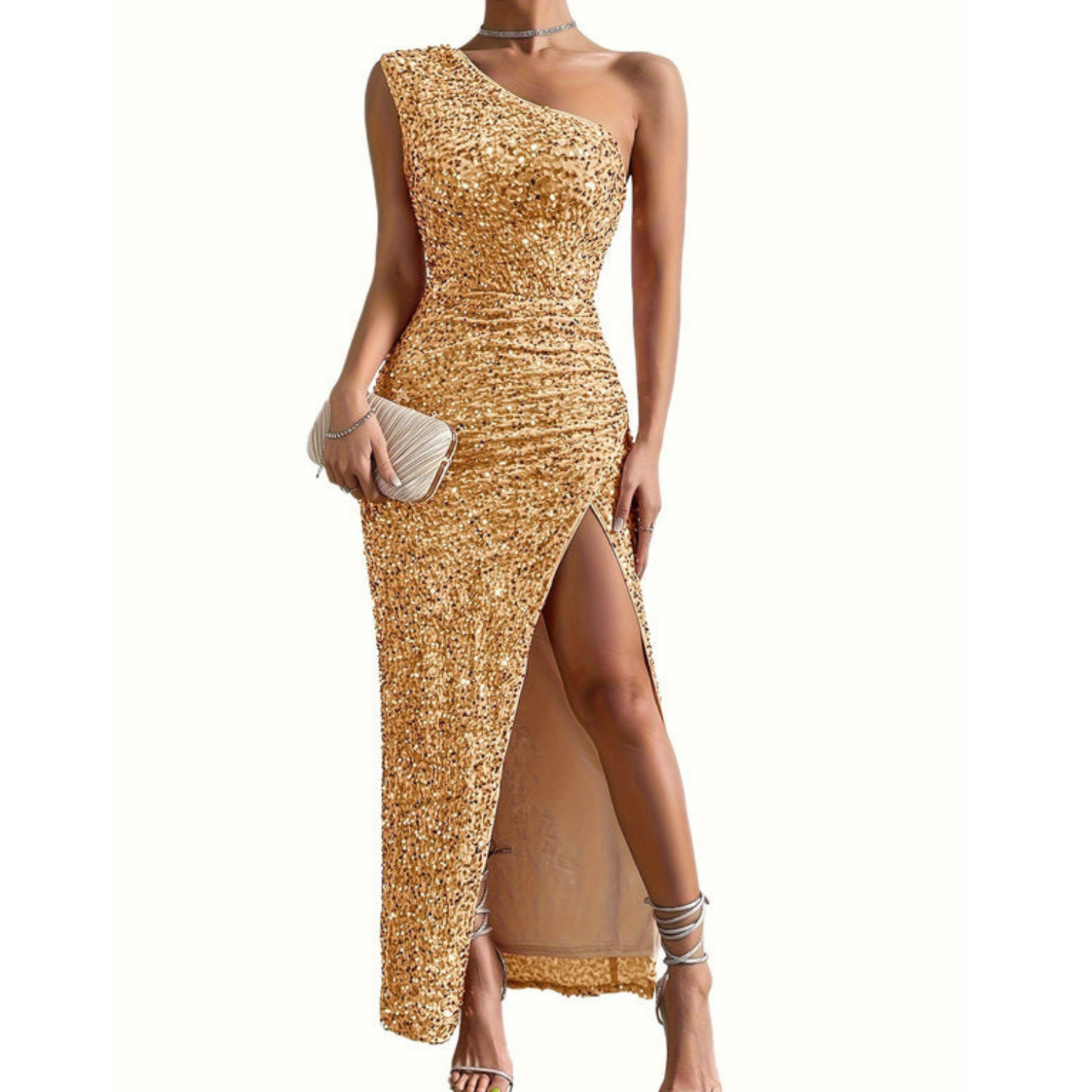 Luxe Glitter Gala Maxi Jurk met One Shoulder en Hoge Split
