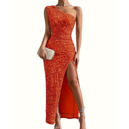 Luxe Glitter Gala Maxi Jurk met One Shoulder en Hoge Split