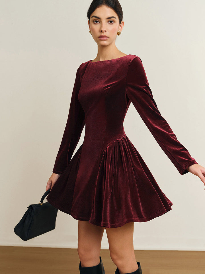 Elegante Rood A-lijn Fluwelen Dames Mini Jurk met Lange Mouwen