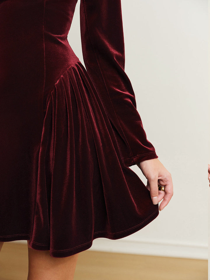 Elegante Rood A-lijn Fluwelen Dames Mini Jurk met Lange Mouwen