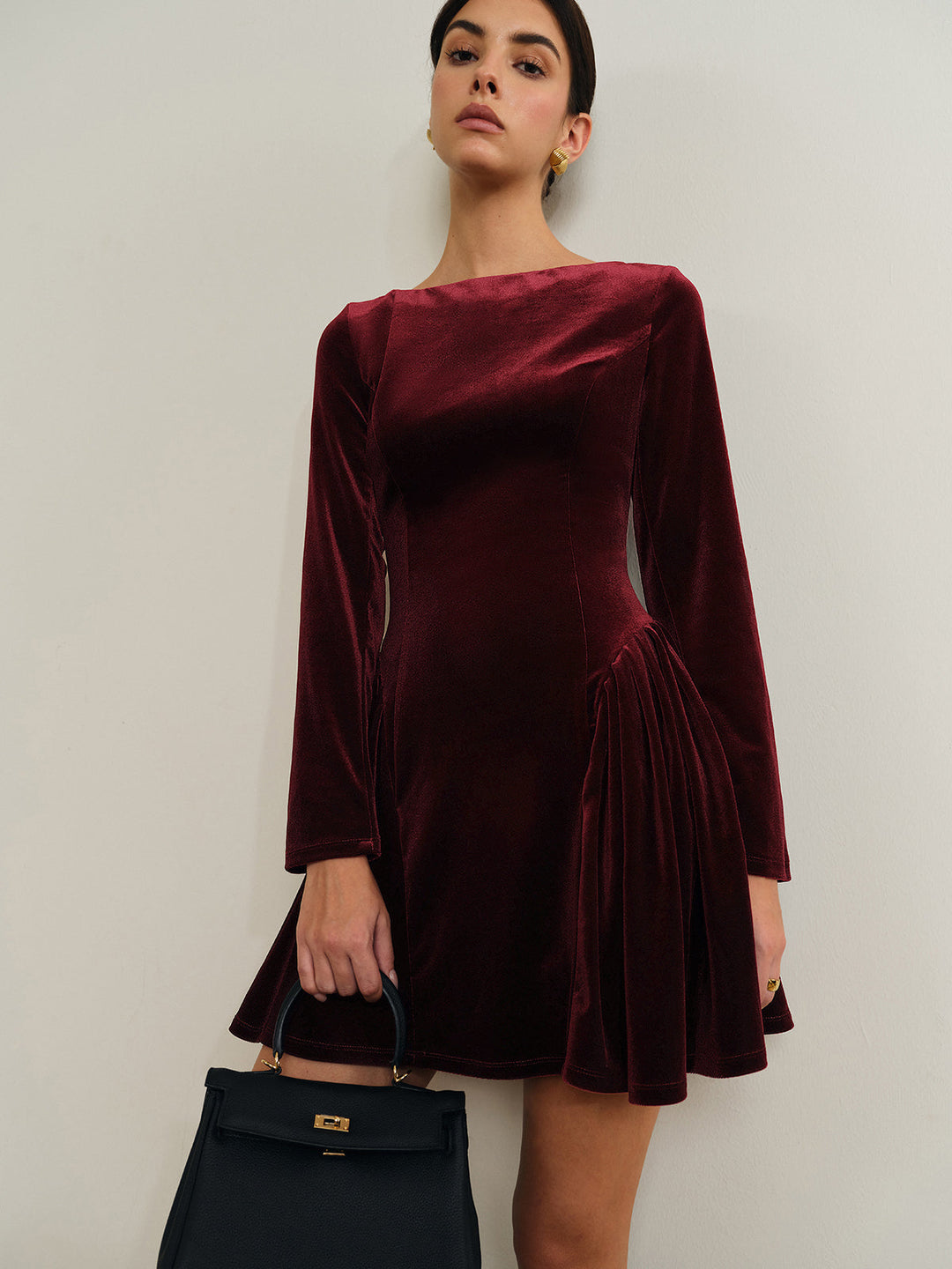 Elegante Rood A-lijn Fluwelen Dames Mini Jurk met Lange Mouwen