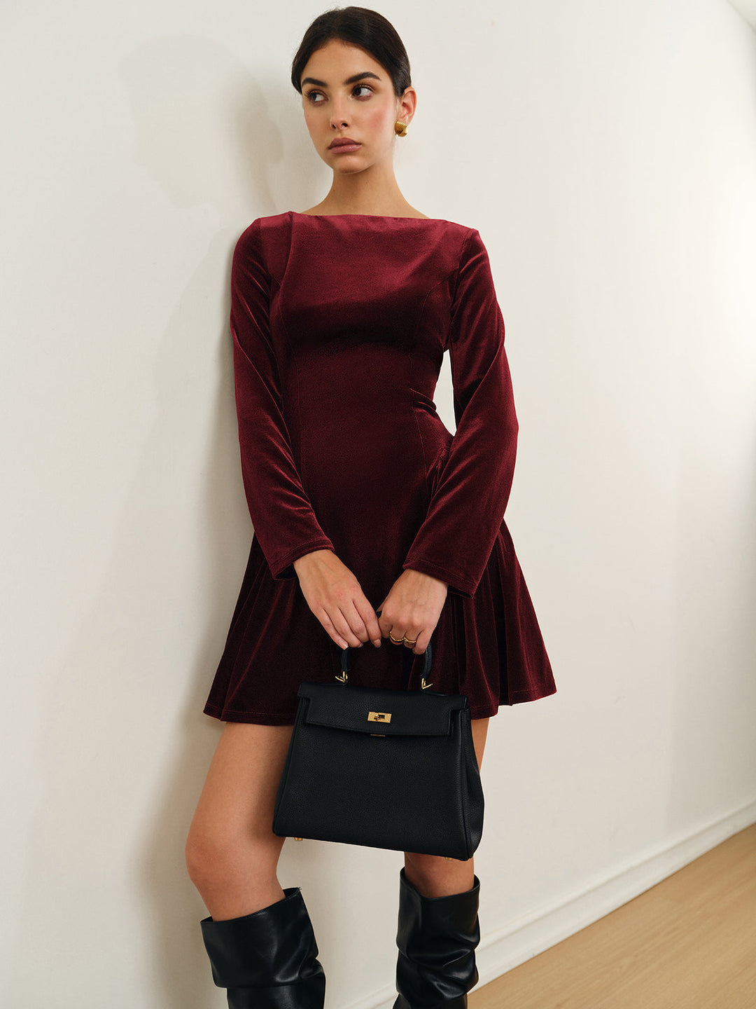 Elegante Rood A-lijn Fluwelen Dames Mini Jurk met Lange Mouwen