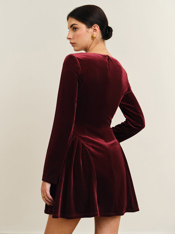 Elegante Rood A-lijn Fluwelen Dames Mini Jurk met Lange Mouwen