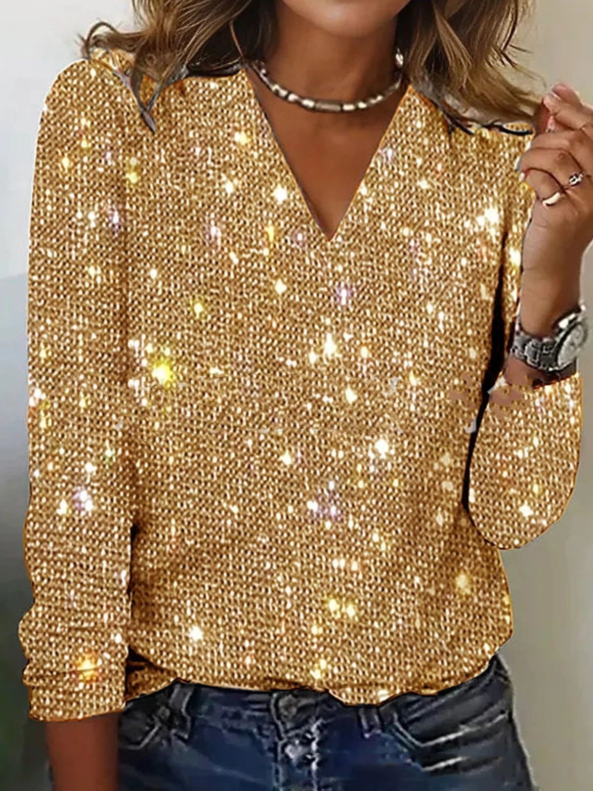 Sprankelende Glitter Blouse met V Hals en Lange Mouwen