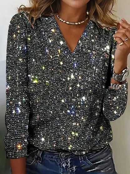 Sprankelende Glitter Blouse met V Hals en Lange Mouwen