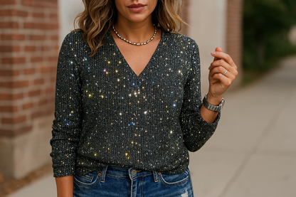 Sprankelende Glitter Blouse met V Hals en Lange Mouwen