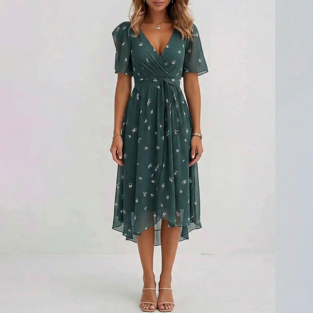 Summer Midi Dress for Women with V Neck and Print