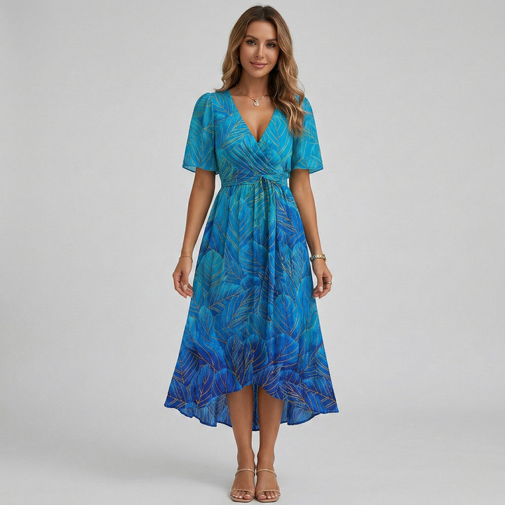 Summer Midi Dress for Women with V Neck and Print