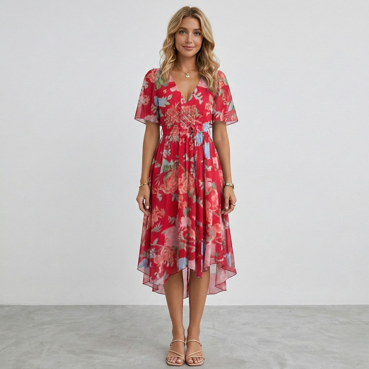 Summer Midi Dress for Women with V Neck and Print