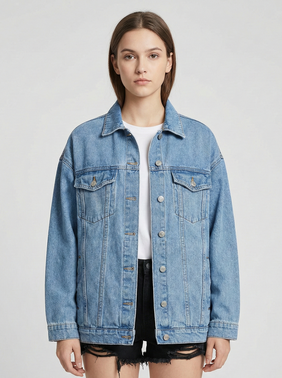 Veste en jean oversize pour femme avec fermeture à boutons et poches