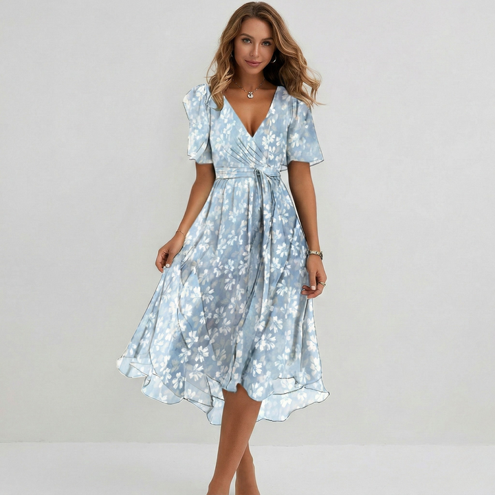 Summer Midi Dress for Women with V Neck and Print