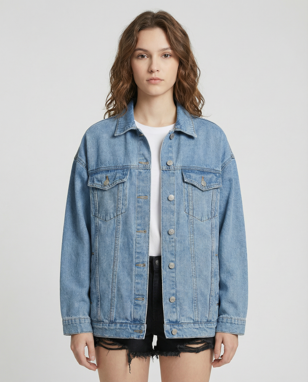 Veste en jean oversize pour femme avec fermeture à boutons et poches
