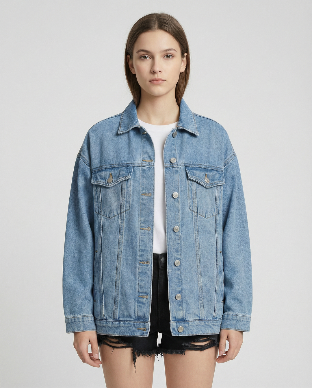 Veste en jean oversize pour femme avec fermeture à boutons et poches