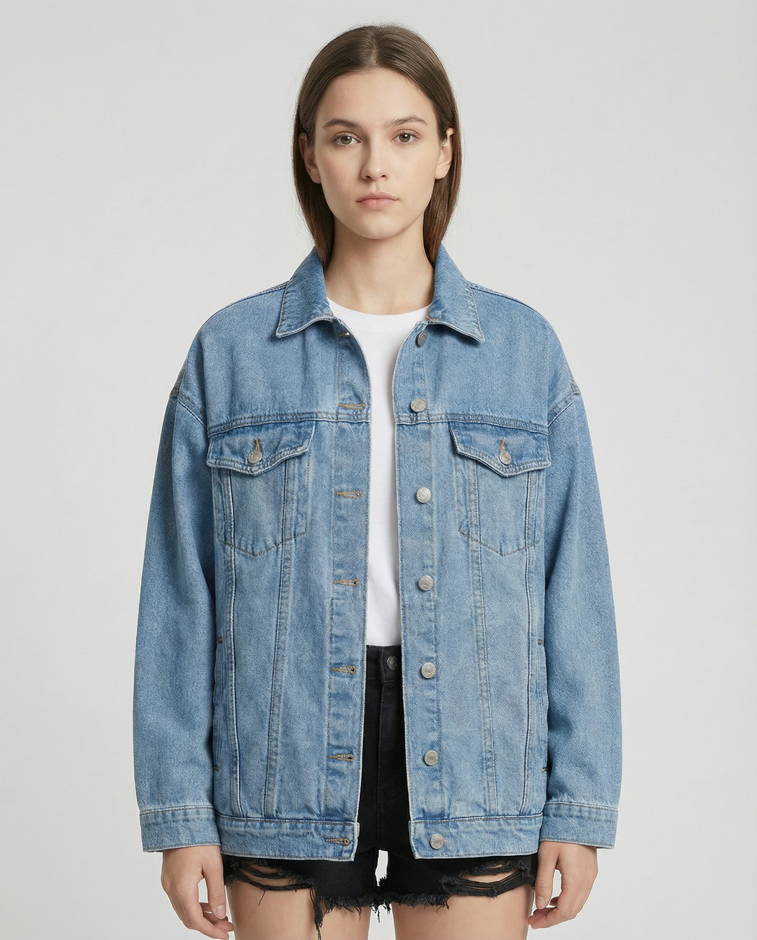 Veste en jean oversize pour femme avec fermeture à boutons et poches