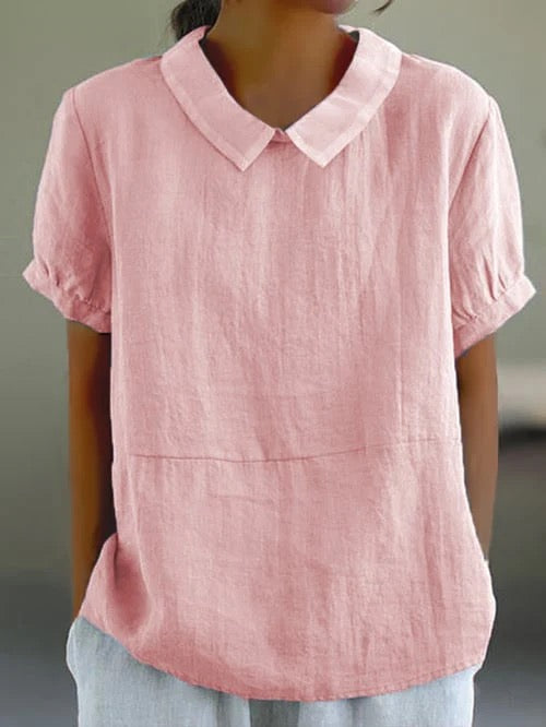 Airy Linen Blouse For Women With Collar And Short Sleeves