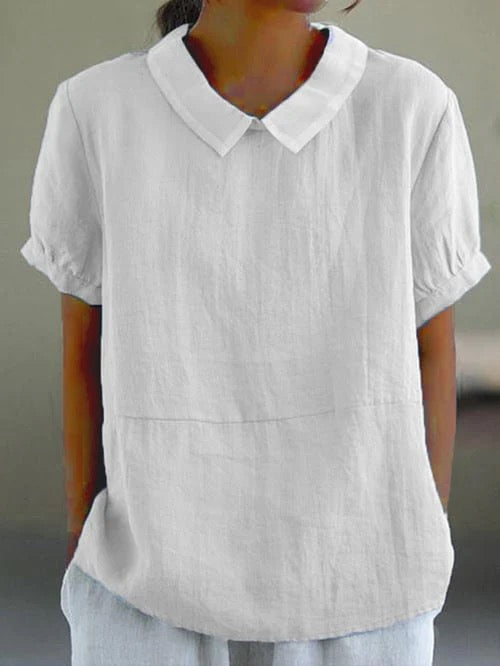 Airy Linen Blouse For Women With Collar And Short Sleeves