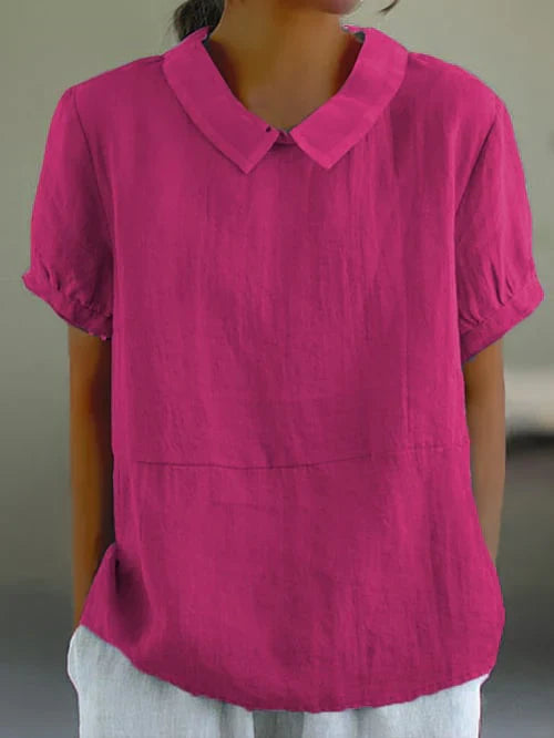 Airy Linen Blouse For Women With Collar And Short Sleeves