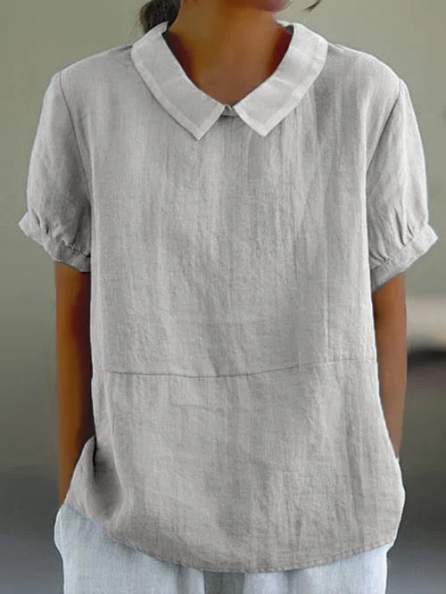 Airy Linen Blouse For Women With Collar And Short Sleeves