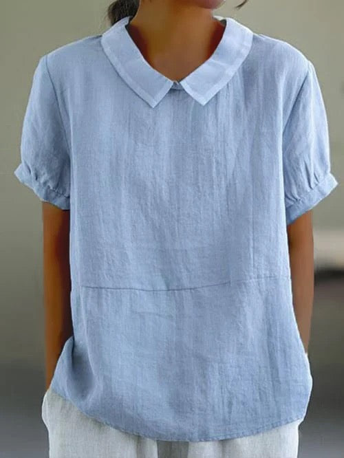 Airy Linen Blouse For Women With Collar And Short Sleeves
