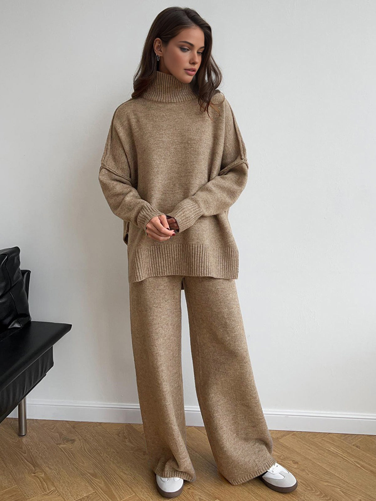 Oversized Winterse Dames Loungewear Set met Coltrui en Wijde Broek