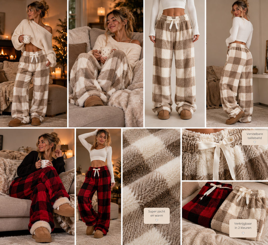 Donzige Fleece Dames Loungebroek met Ruitprint en Verstelbare Tailleband