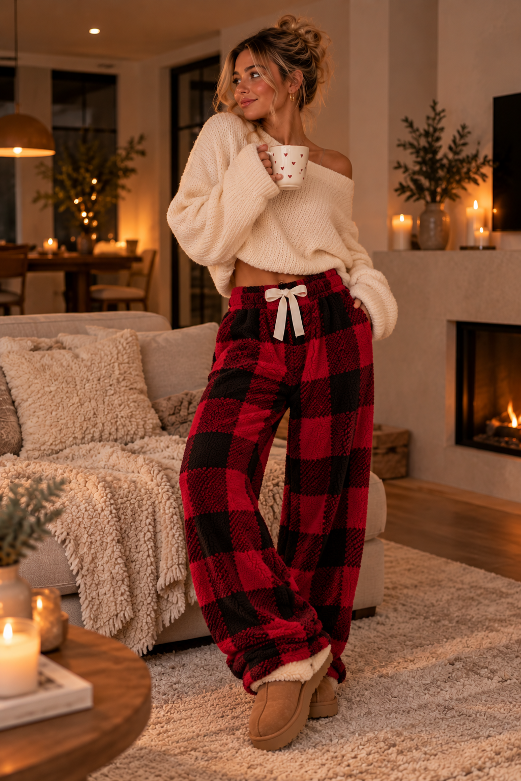 Donzige Fleece Dames Loungebroek met Ruitprint en Verstelbare Tailleband