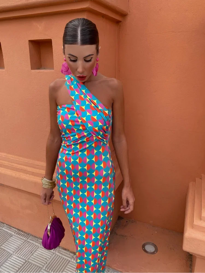 Przewiewna letnia damska sukienka midi z jednym ramieniem i nadrukiem