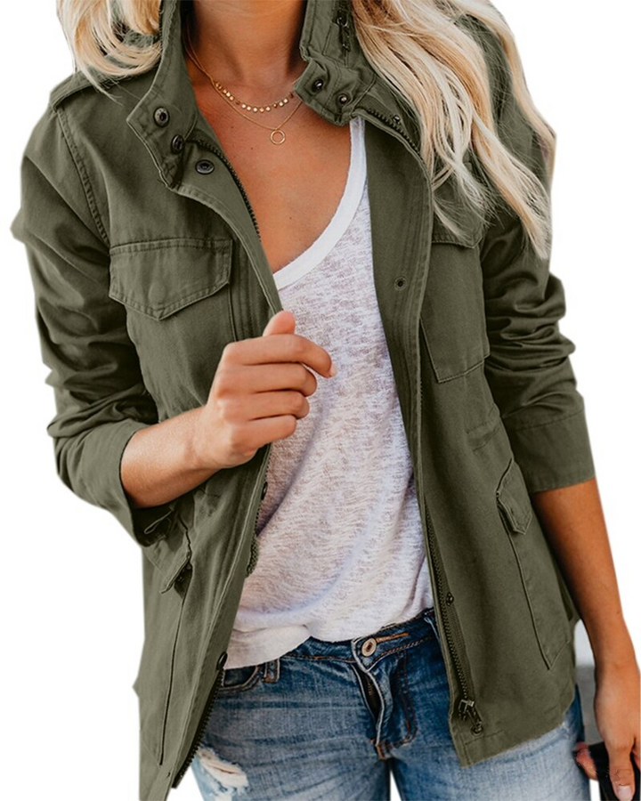 Stylish Women's Mid-Season Jacket with High Collar and Pockets