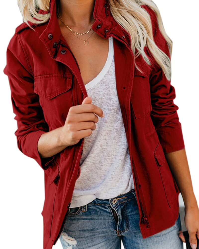 Stylish Women's Mid-Season Jacket with High Collar and Pockets