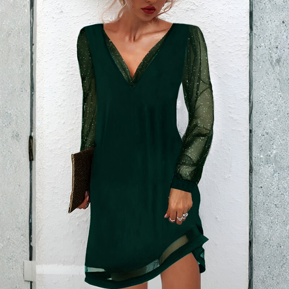 Mini-robe de luxe pour femmes avec manches scintillantes et transparentes