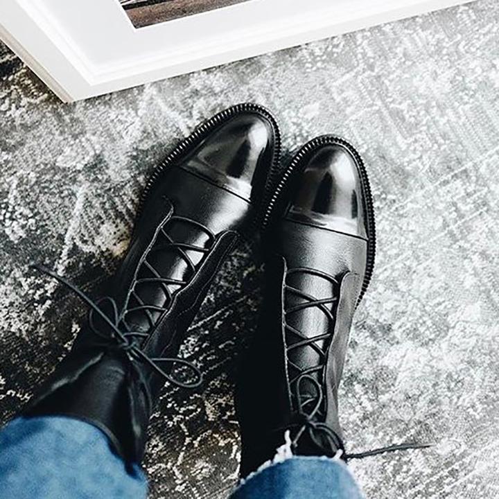 Bottines En Cuir Tendance Femme Avec Lacets Et Semelle Robuste
