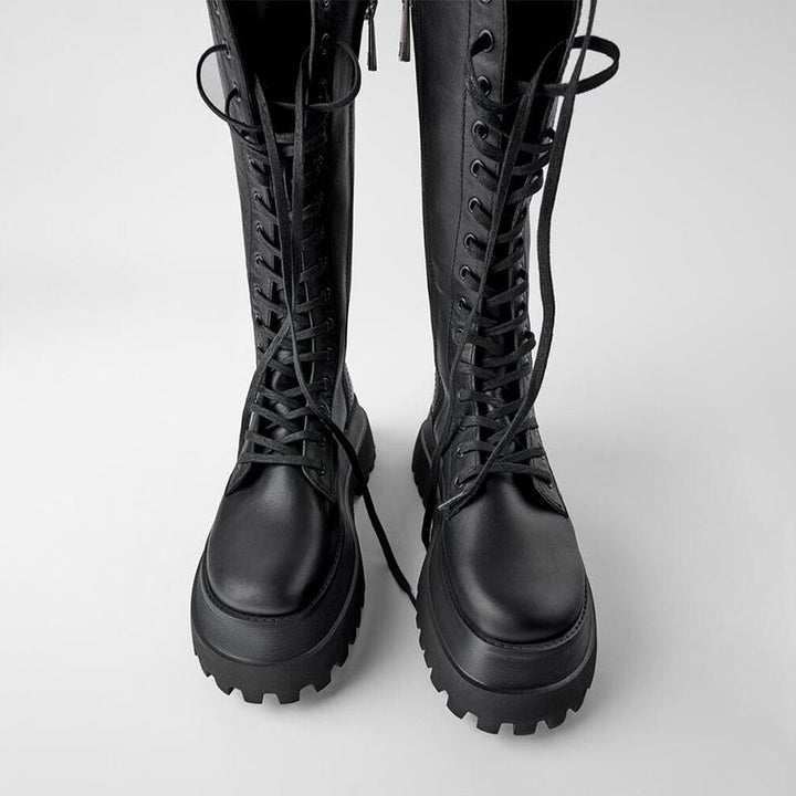 Black Women's Knee-High Lace-Up Boots with Chunky Sole and Tall Shaft