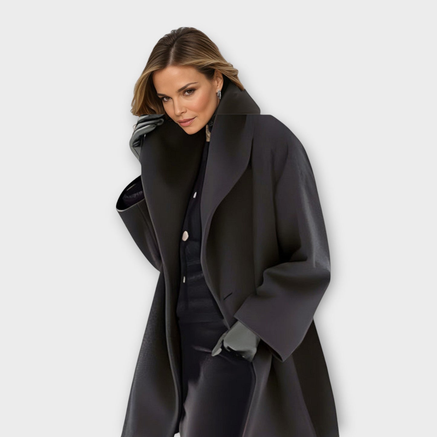 Elegante Lange Dames Mantel Jas Met Opstaande Kraag