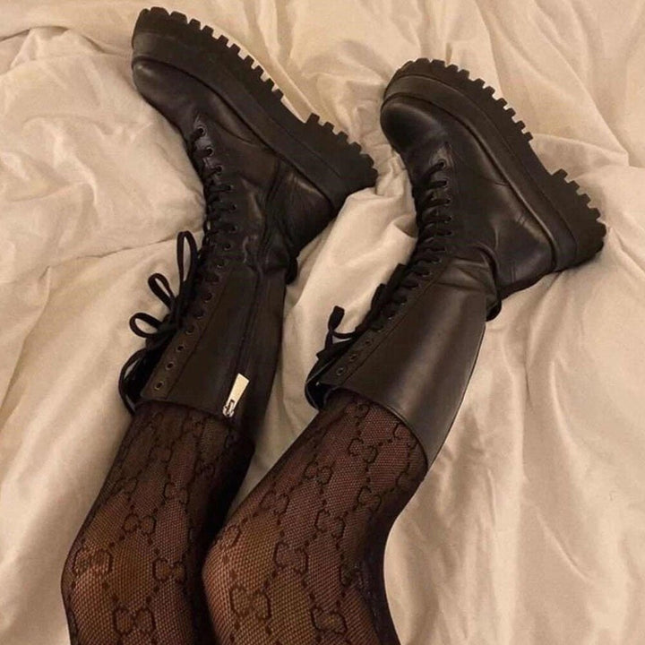 Black Women's Knee-High Lace-Up Boots with Chunky Sole and Tall Shaft