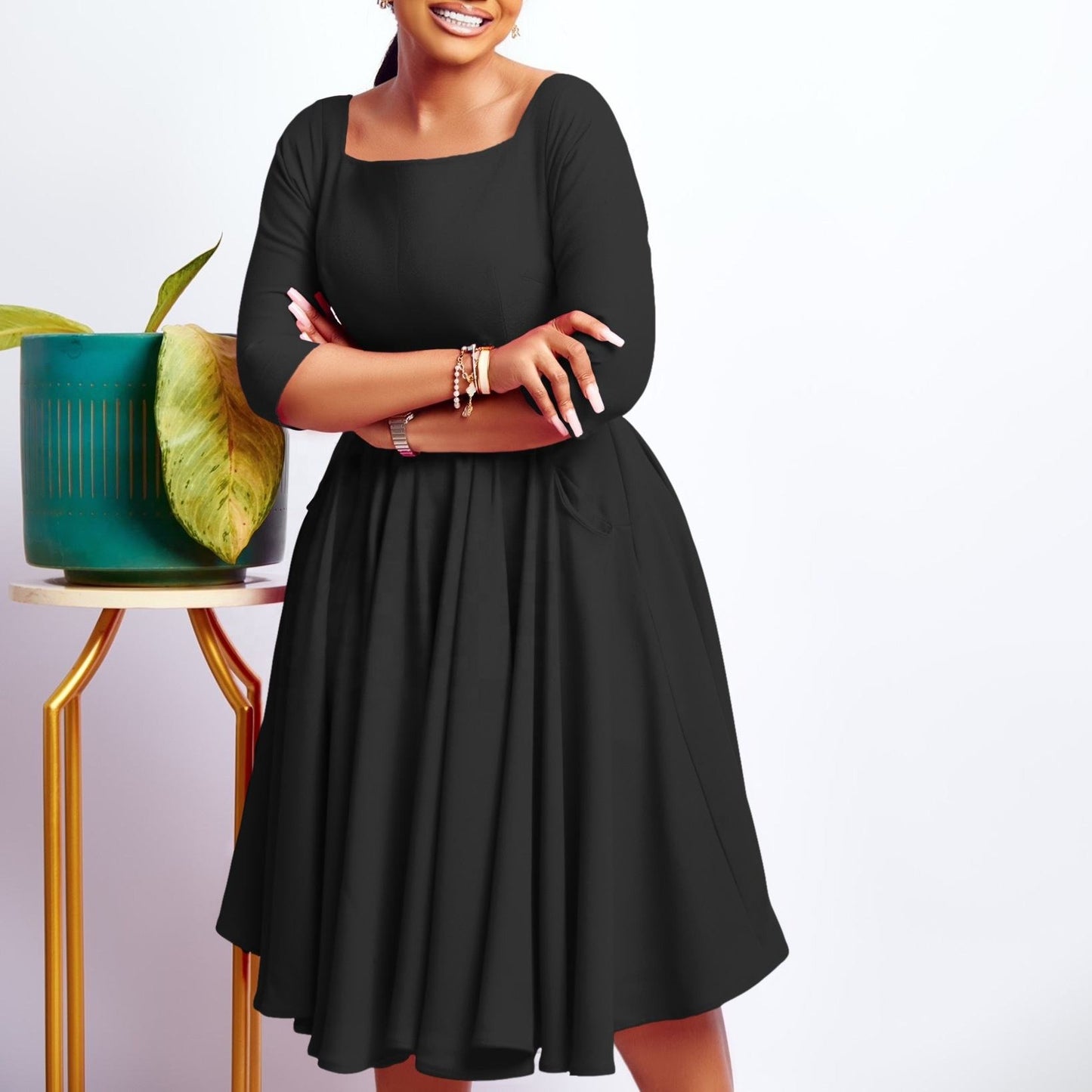 Kelli | Elegante Midi Jurk met Strikdetail en 3/4 Mouwen