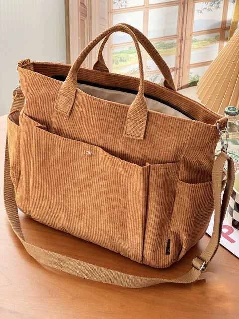 Sac à Épaule Femme en Velours Côtelé avec Poignées et Poches Spacieuses
