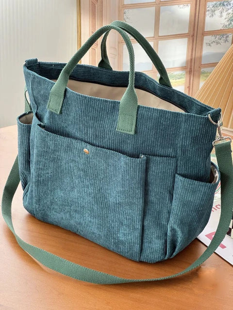 Sac à Épaule Femme en Velours Côtelé avec Poignées et Poches Spacieuses