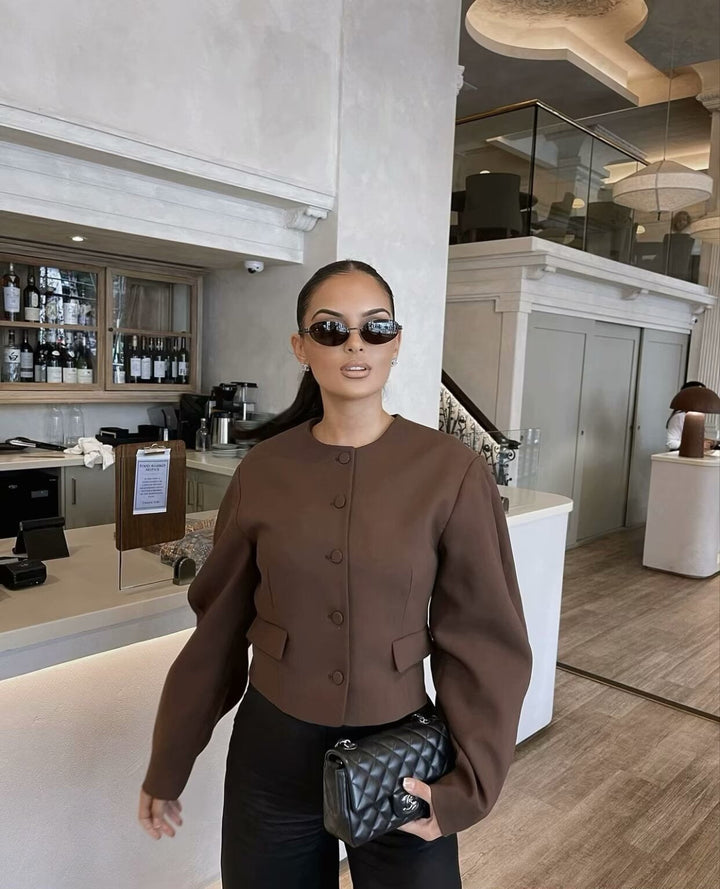 Bruin Chic Dames Jasje Top & Mini Rok Met Knoopsluiting