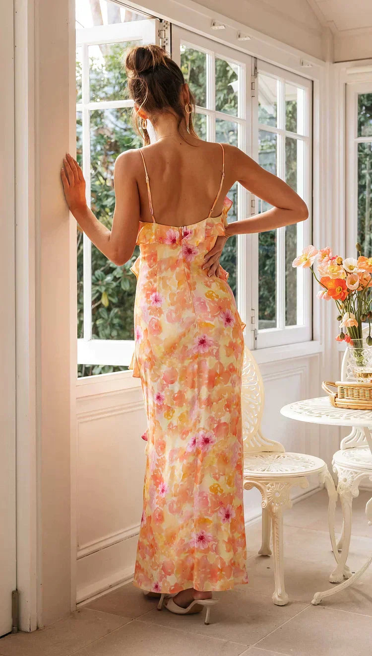 Tryna | Romantische Maxi Jurk met Ruches en Pastelprint