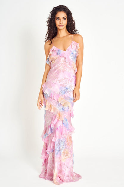 Tryna | Romantische Maxi Jurk met Ruches en Pastelprint