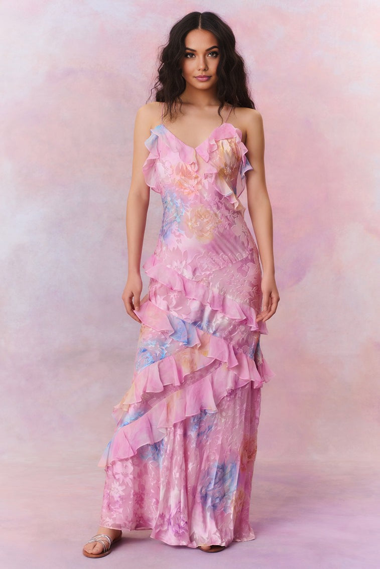 Tryna | Romantische Maxi Jurk met Ruches en Pastelprint