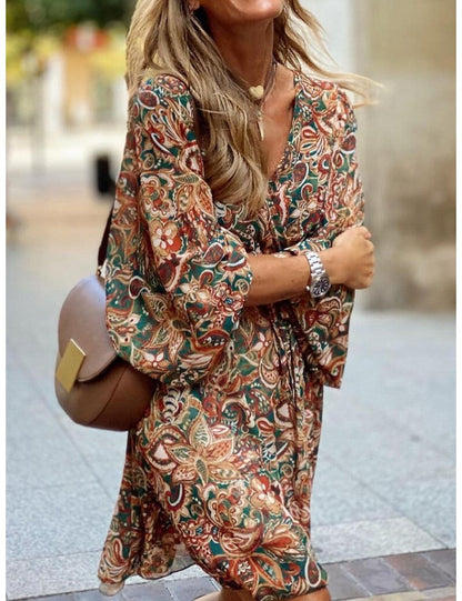 Zomerse Boho Mini Jurk voor Vrouwen met Lange Mouwen en V Hals