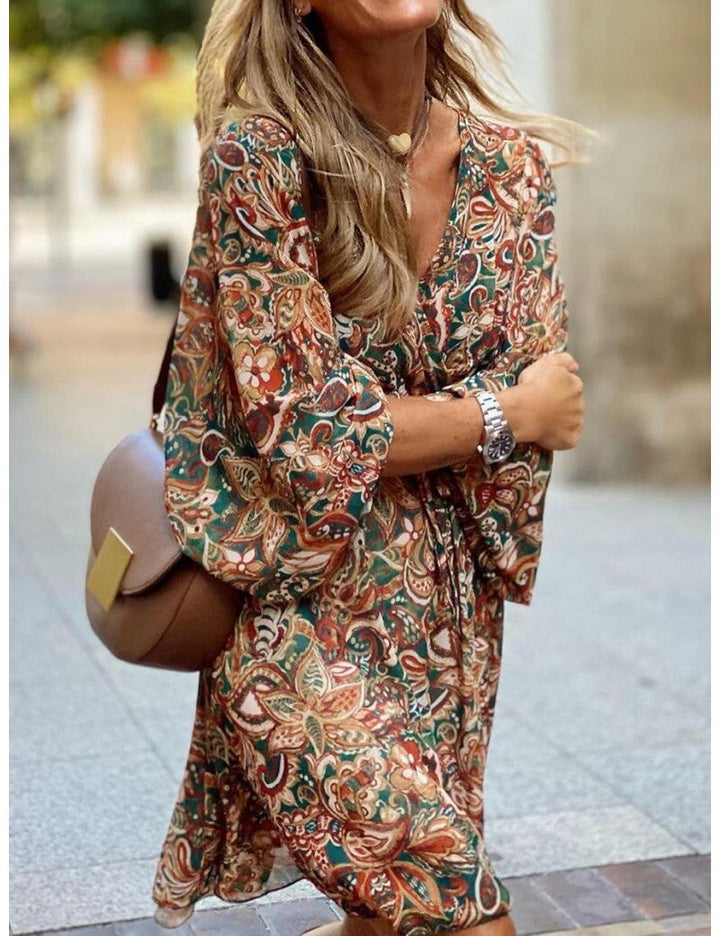 Robe Mini Bohème d’Été pour Femme avec Manches Longues et Col en V